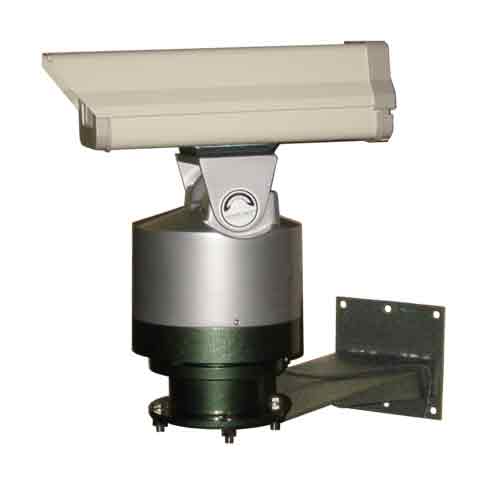 Weatherproof Video Camera Housing mounted on a pan tilt unit and bracket.