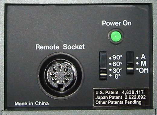 This image shows the control panel with: Power On light. Remote Socket - connects to the remote control. Auto Pan Selector Switch - 90, 60, 30, 0 Degrees. Auto, Manual, Off - Selector Switch.
