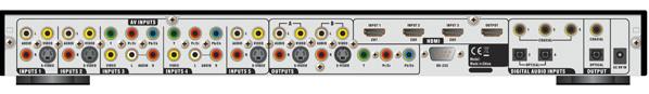 rear view Converts composite and S-Video to component video.6 composite video, 4 S-Video, 2 composite and 3 HDMI inputs.Auto input sensing - automatically detects and switches to an active source when they are turned on.Volume stabilization and digital audio conversion.Includes universal remote